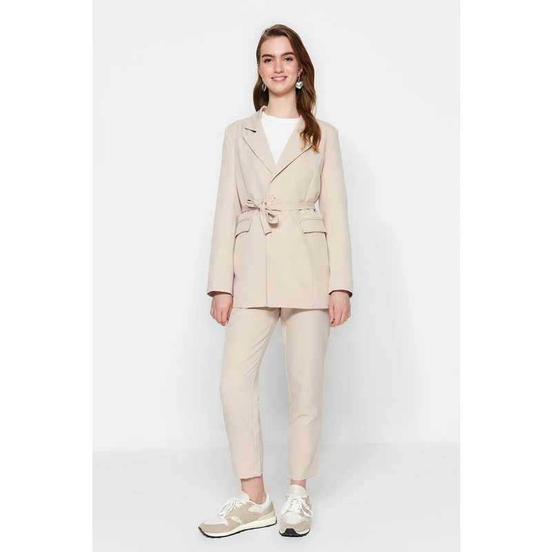 Trendyol Stone Lacing Detail Lined Crepe Jacket-Pants Woven Bottom-Top Set