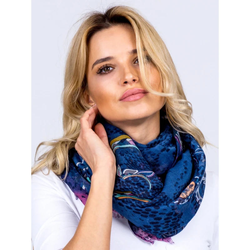 Airy dark blue scarf with a folk pattern