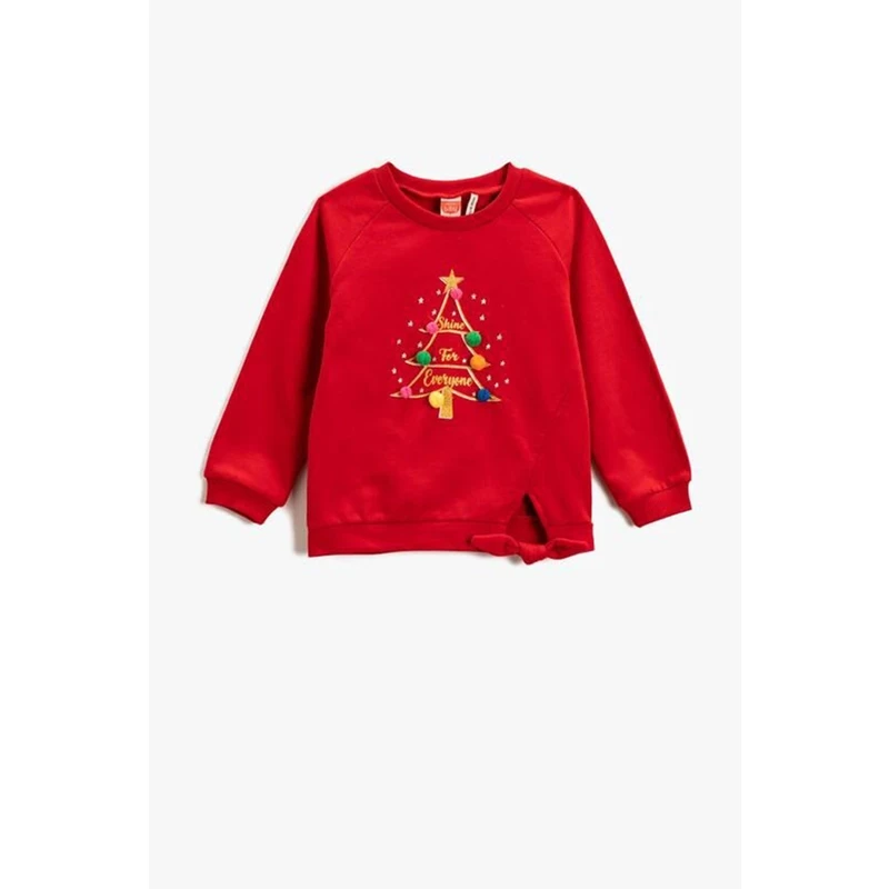 Koton Baby Girl Belted Glitter Crew Neck Christmas Tree Printed Pompom Detail