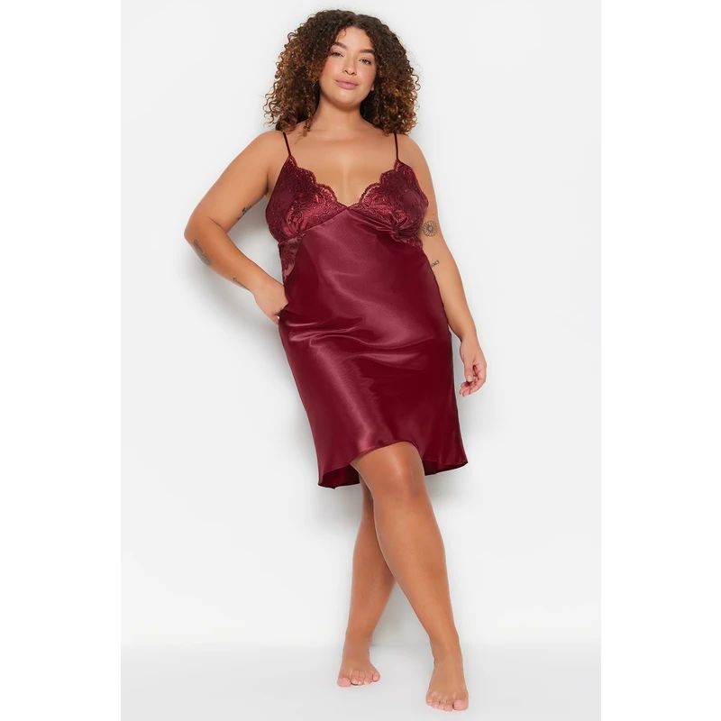 Trendyol Curve Claret Red Satin Lace Nightgown