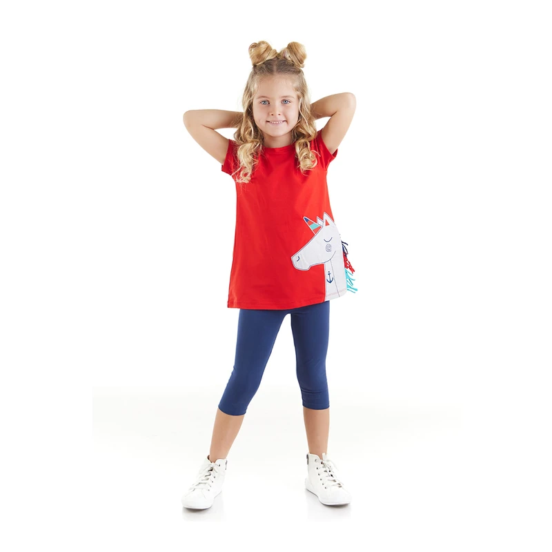 Denokids Sailor Unicorn Girl Child Red T-shirt, Navy Blue Leggings Suit.