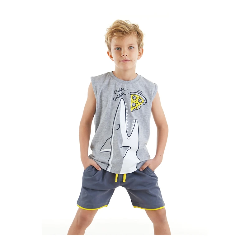 Mushi Pizzeria Shark Boy Gray Sleeveless T-shirt with Gray Shorts Summer Suit.