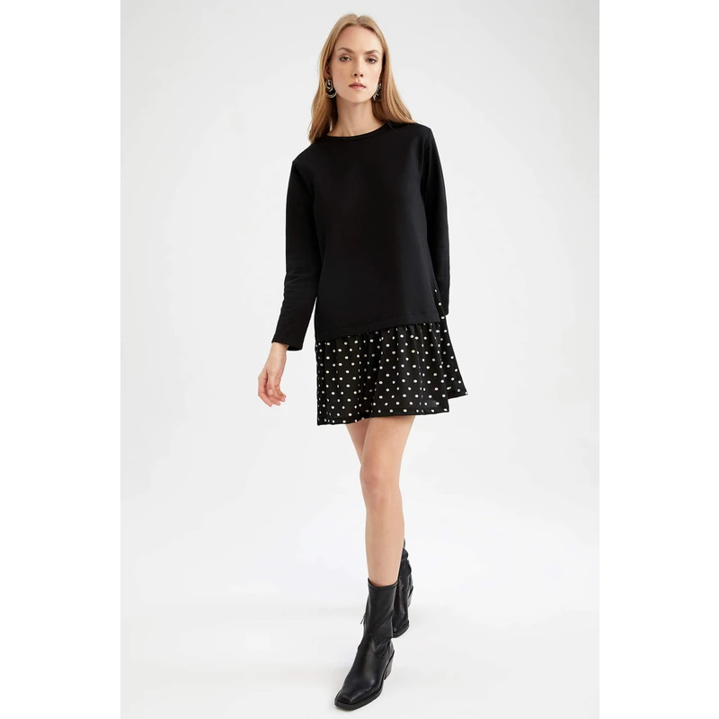 DEFACTO Patterned Ruffle Skirt Detailed Sweat Dress