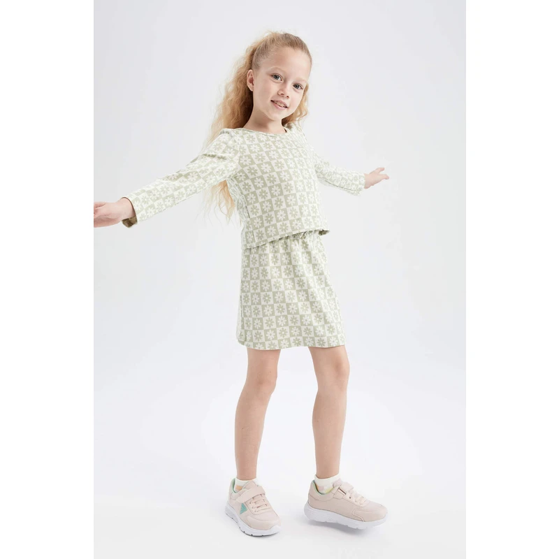 DEFACTO Girl Long Sleeve Flower Print T-Shirt & Mini Skirt Set