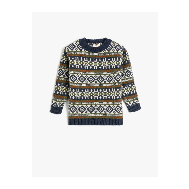 Koton Knitted Sweater Round Neck Long Sleeve Ethnic Pattern