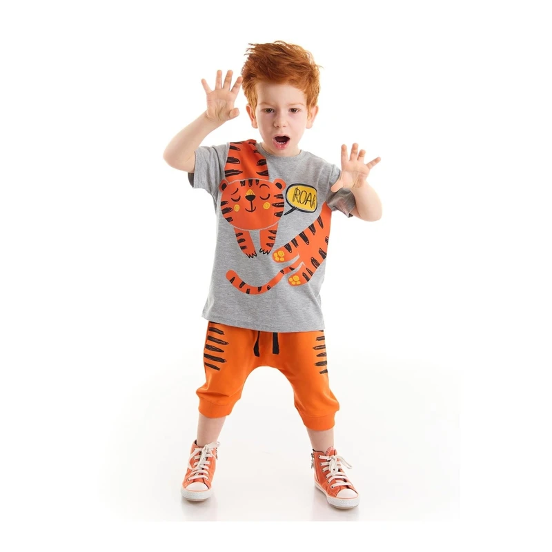 Denokids Roar Tiger Boys Gray T-shirt Orange Capri Shorts Set