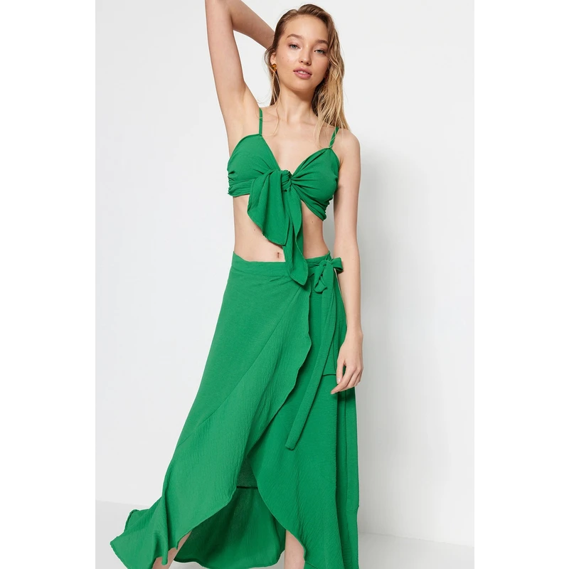 Trendyol Green Woven Slit Blouse and Skirt Set