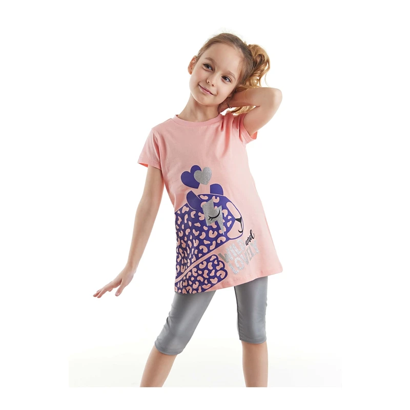 Mushi Leopard Girl Pink T-shirt, Gray Disco Shiny Leggings Set.