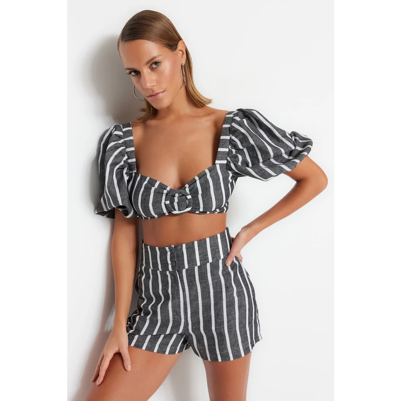 Trendyol Striped Woven Accessorized Blouse, Short Set