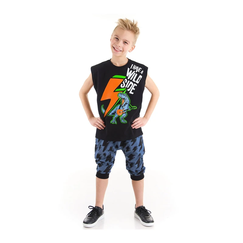 Mushi Lightning Dino Boys Children's Cotton Combed Combed Black T-shirt with Blue Capri Shorts Set.