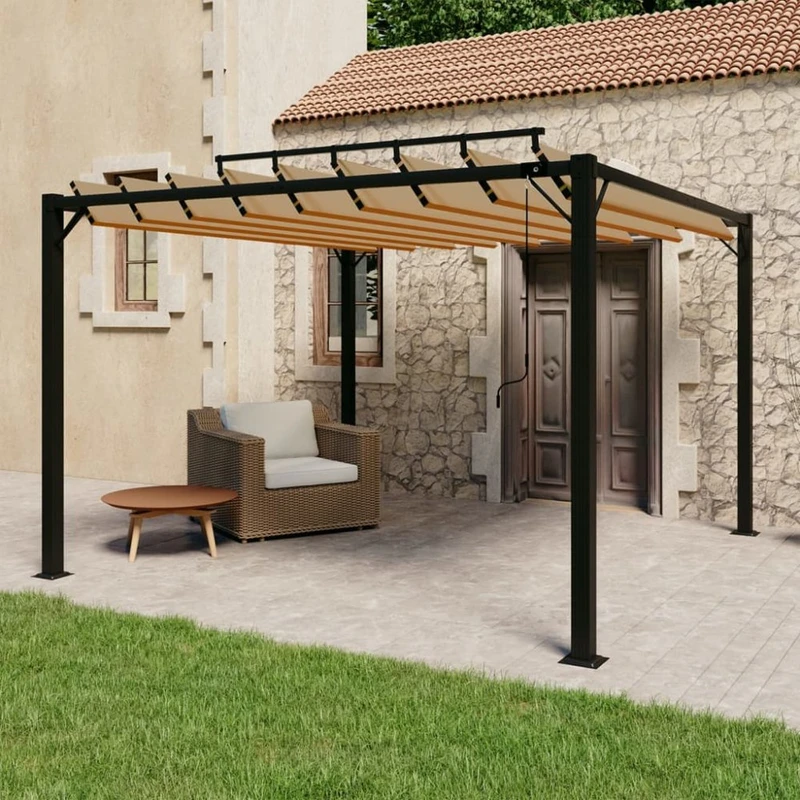 Pergola s lamelovou střechou 3 x 3 m hliník / látka Dekorhome Šedohnědá taupe,Pergola s lamelovou střechou 3 x 3 m hliník / látka Dekorhome Šedohnědá