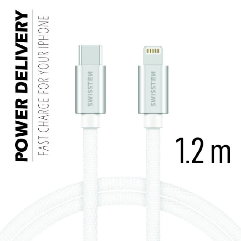 Datový kabel Swissten Textile USB-C/Lightning, 1,2m, stříbrný