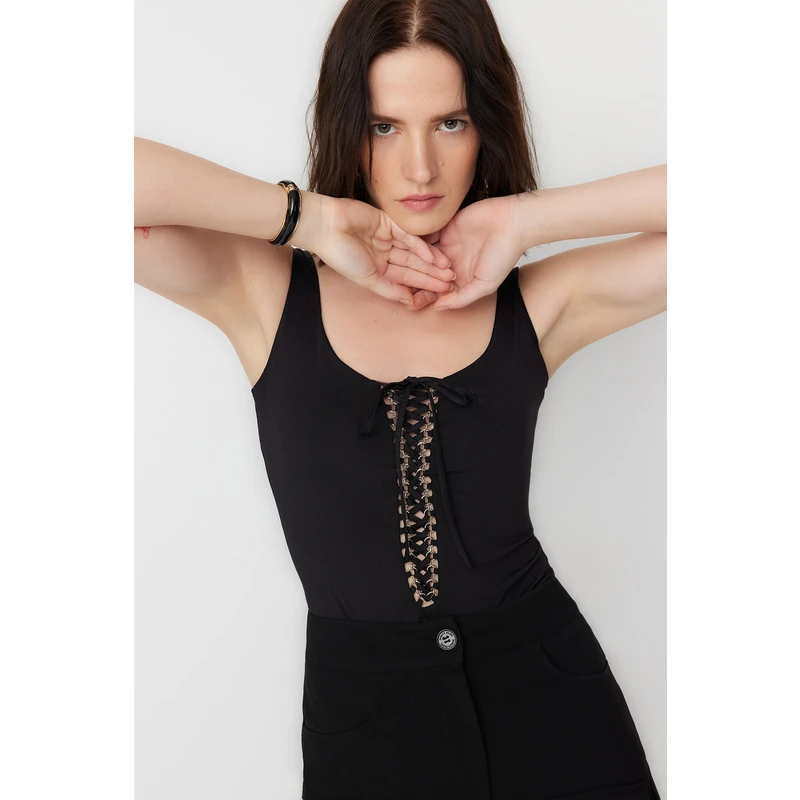 Trendyol X Sagaza Studio Black Lace-Up Detailed Printed Bodysuit