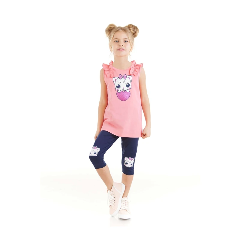 Denokids Kitten Girls Pink T-shirt, Navy Blue Leggings, Summer Suit.