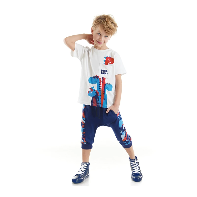 Denokids Dino Dudes Boys Kids White T-shirt, Navy Blue Capri Shorts Set.