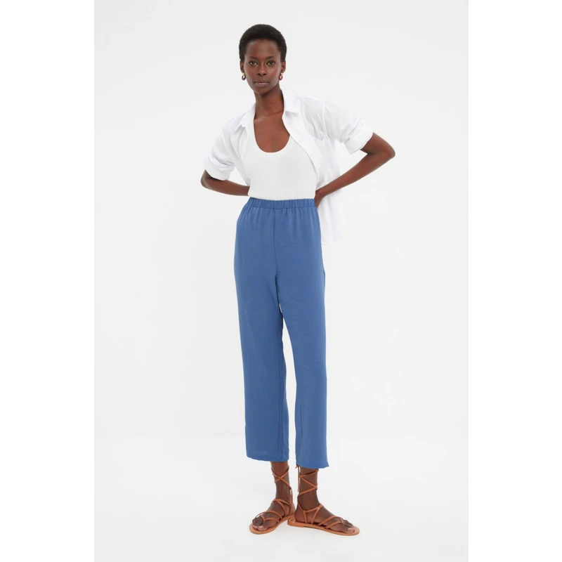 Trendyol Navy Blue Straight Cut High Waist Woven Trousers with Elastic Waist