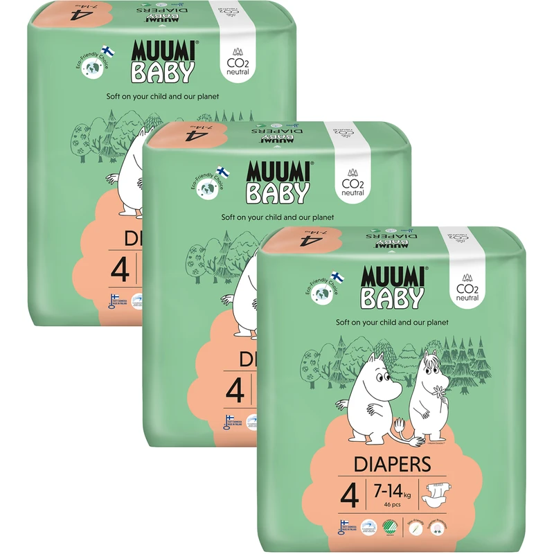 MUUMI Baby 4 Maxi 7-14 kg (138 ks), měsíční balení eko plen