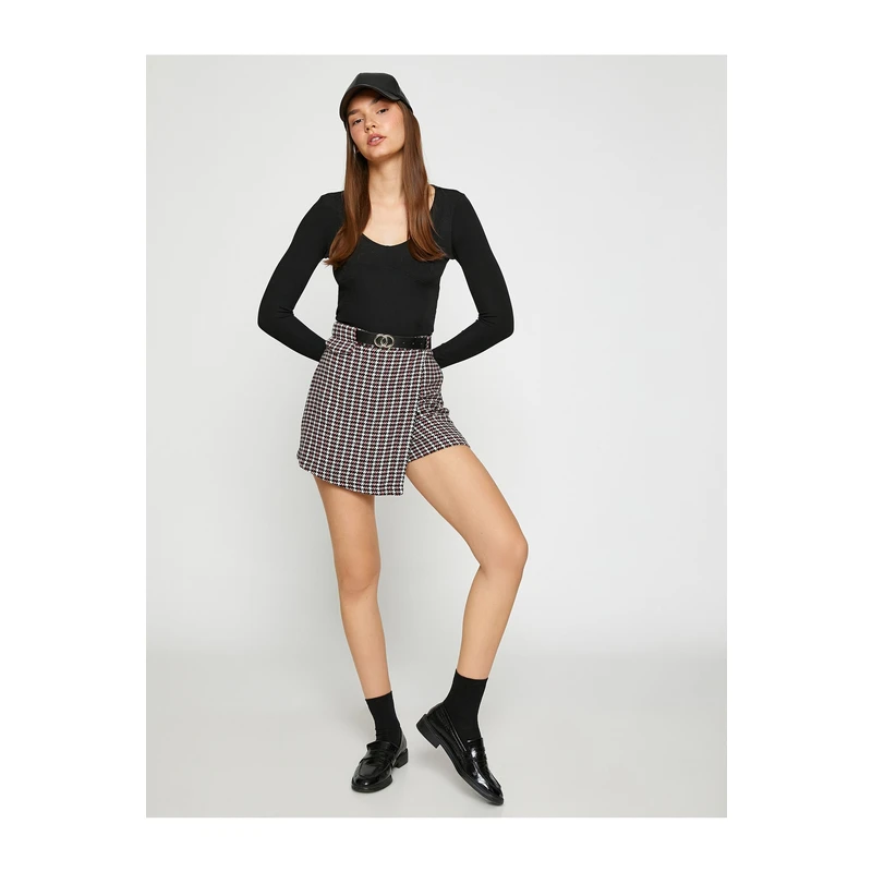 Koton Mini Shorts, Skirt, Belt Detailed, Crowbar Pattern.