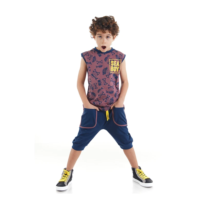 Mushi Sea Boy Sleeveless T-shirt, Navy Blue Capri Shorts Summer Suite.