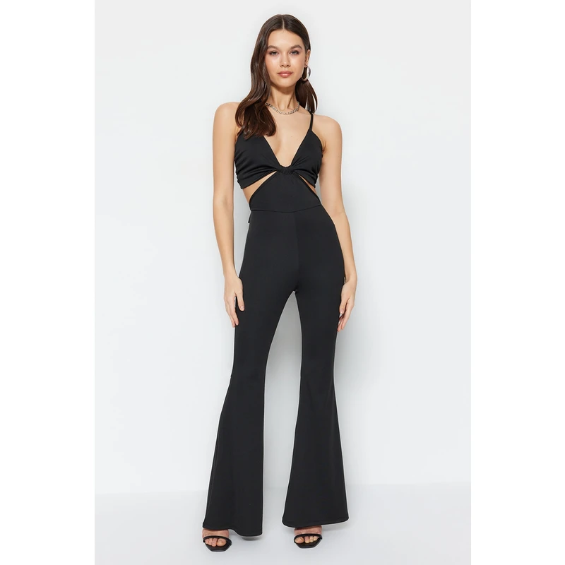 Trendyol Black Cut Out Detailed V-Neck Flexible Knitted Overalls