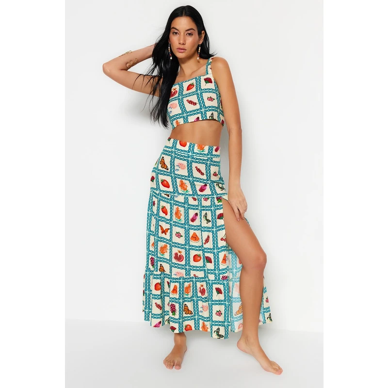 Trendyol Fruit Patterned Woven Slit Blouse and Skirt Set