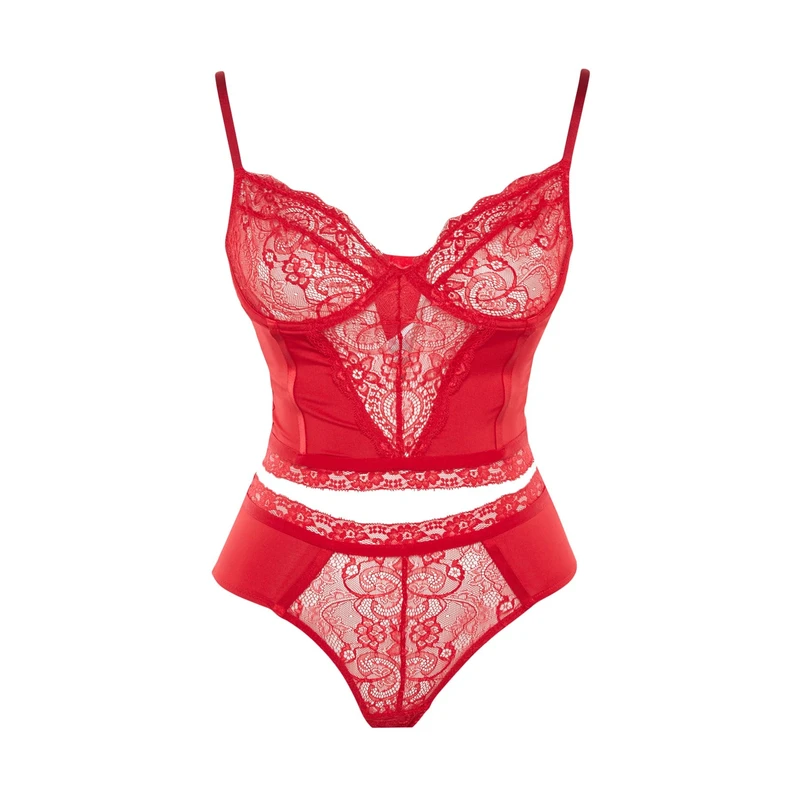 Trendyol Curve Red Lace Detailed Bustier-Panties Underwear Sets