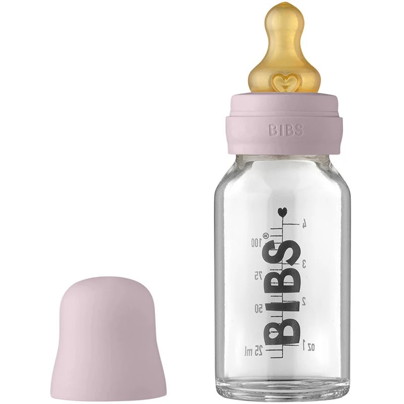 Skleněná antikoliková lahvička BIBS - 110 ml s kaučukovou savičkou vel. S, lila