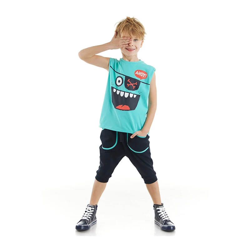 Denokids Ahoy Boys' Blue Sleeveless T-shirts, Navy Blue Capri Shorts Set.