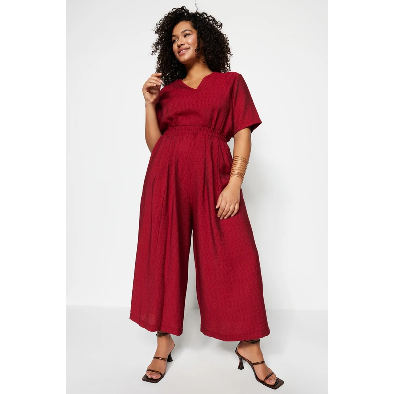 Trendyol Curve Claret Red Woven Overalls with an Elastic Waist