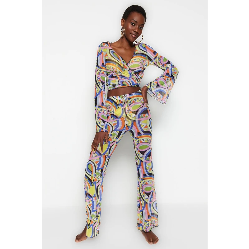 Trendyol Abstract Patterned Woven Tie Blouse and Pants Suit