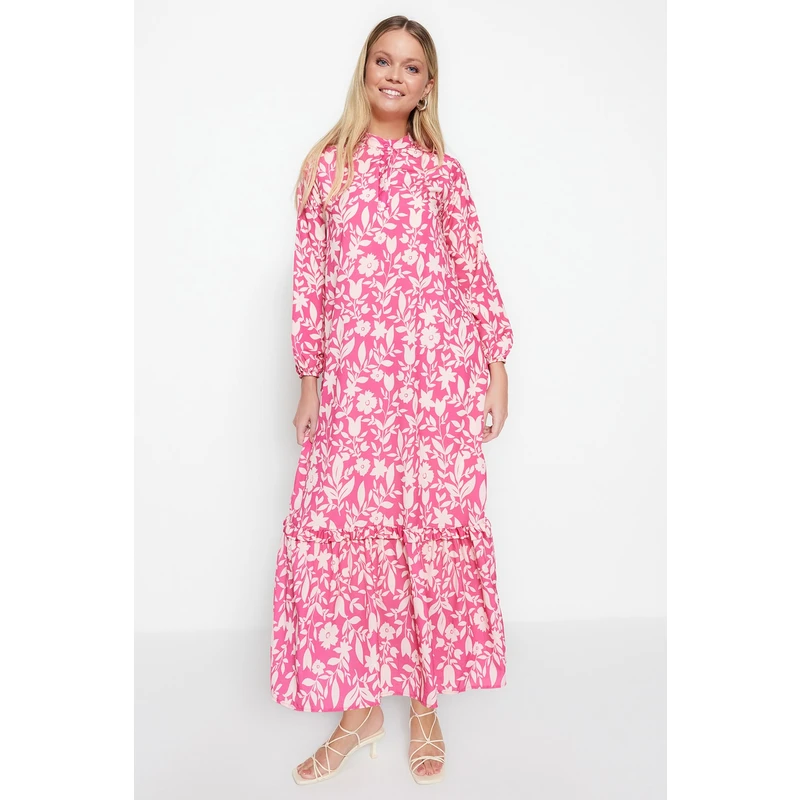 Trendyol Dark Pink Floral Half Patties With Frill Trim Lined Woven Dress