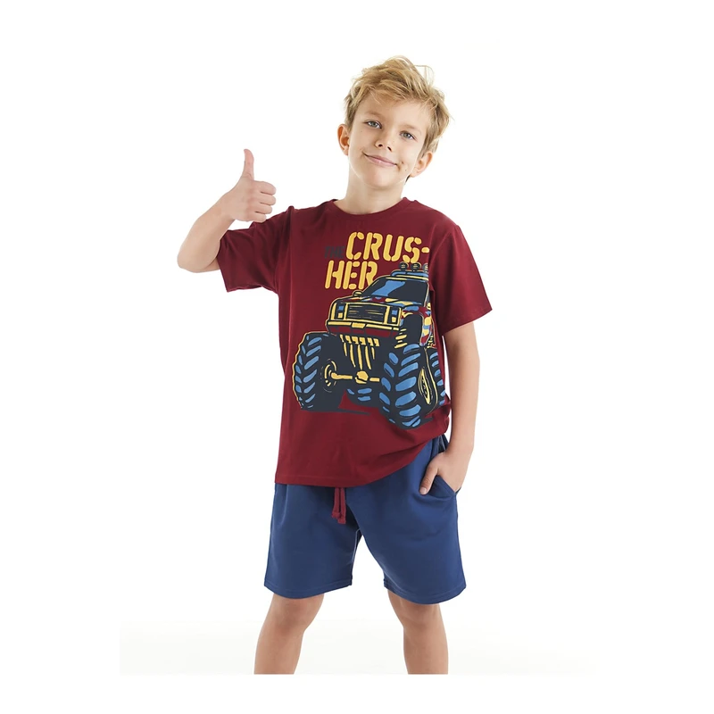 Mushi Crusher Boys' Claret Red T-shirt, Navy Blue Shorts Summer Suit.