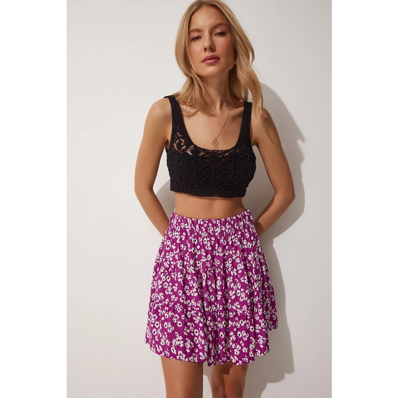 Happiness İstanbul Women's Purple Floral Ruffle Summer Viscose Mini Skirt