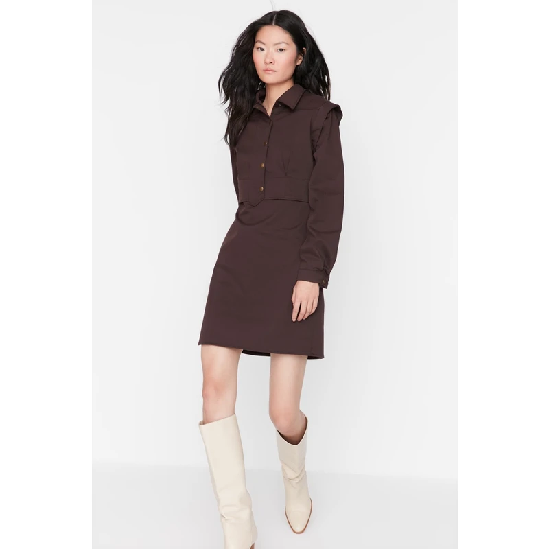 Trendyol Brown Body-hugging Collar Detailed Woven Dress