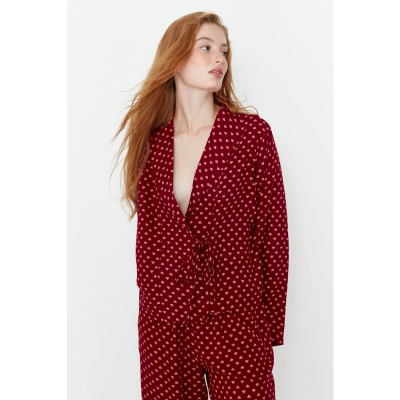 Trendyol Burgundy Heart Pattern Viscose Woven Pajamas Set with Lace-Up Detail