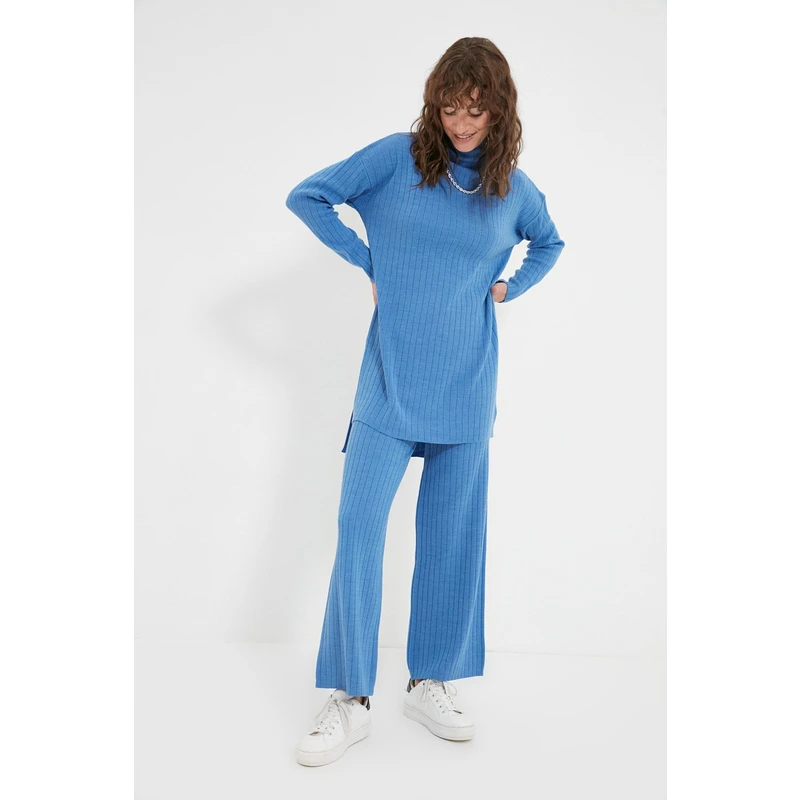 Trendyol Blue Half Turtleneck Corduroy Sweater-Pants Knitwear Suit