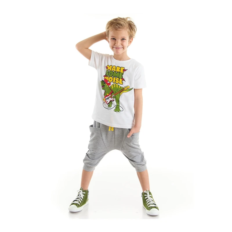 Denokids Noise Boys White T-shirt Gray Capri Shorts Set