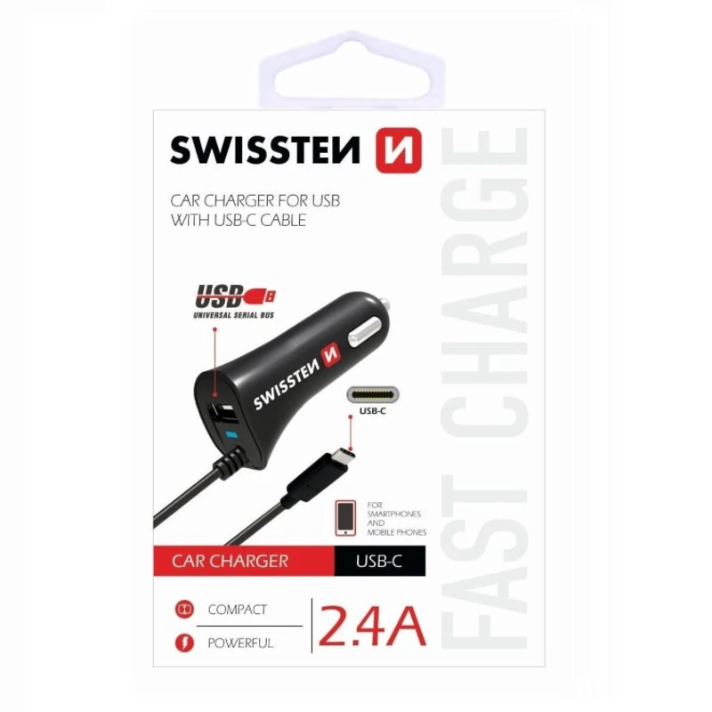 Autonabíječka Swissten 2.4A se zabudovaným USB-C kabelem a USB konektorem