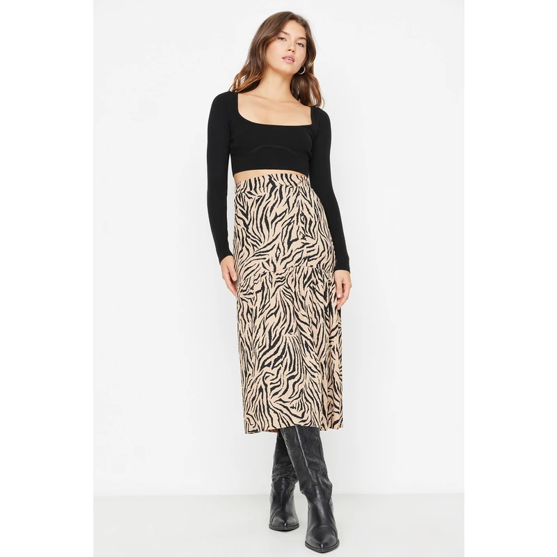 Trendyol Camel Knitted Skirt With Slit Detail Flounce