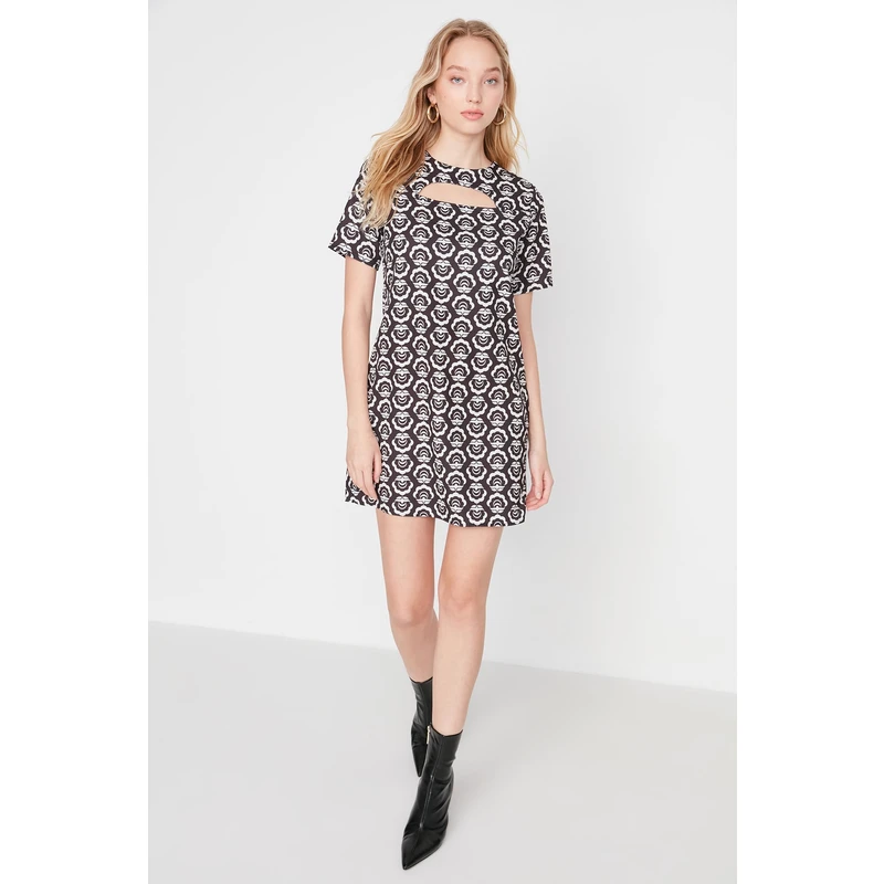 Trendyol Black Collar Detailed Patterned Woven Dress