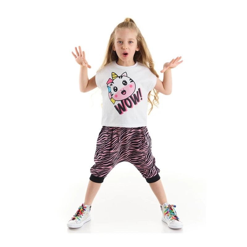 Denokids Zebracorn Girls' White T-shirt Zebra Patterned Pink Capri Shorts Set.