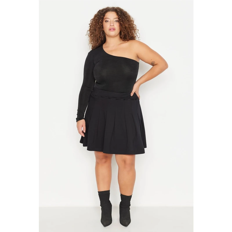 Trendyol Curve Black Knitted Pleated Skirt