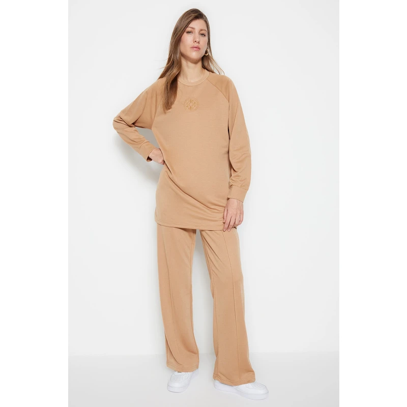 Trendyol Knitted Camel Tracksuit Set With Print Detail