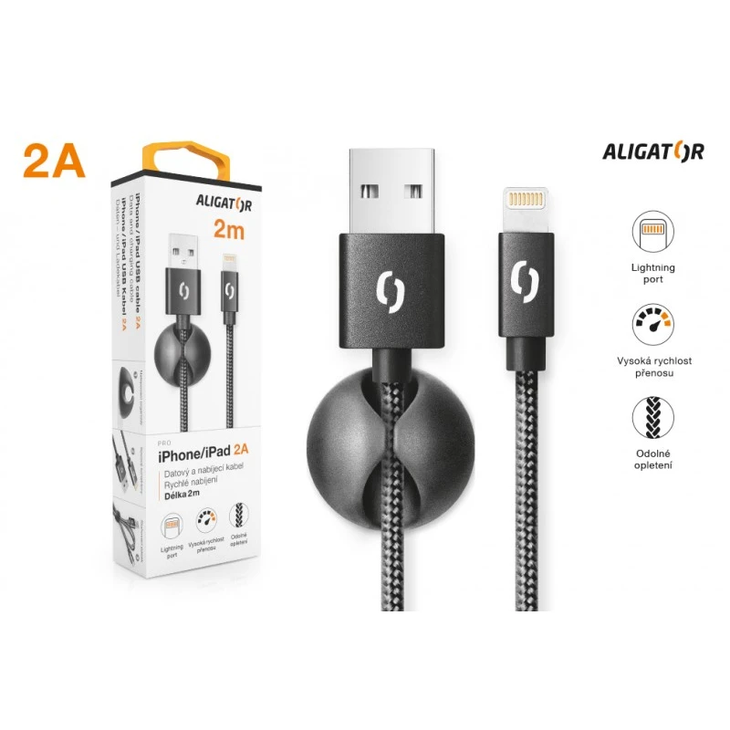 Datový kabel ALIGATOR PREMIUM 2A, Lightning 2m, černá