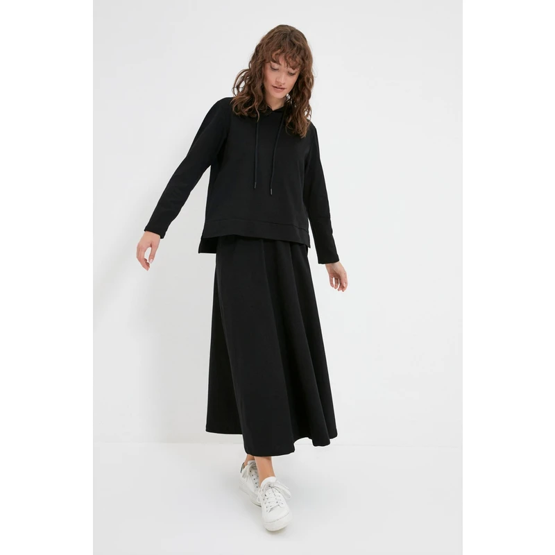 Trendyol Black Hooded Sweatshirt-Skirt Knitted Suit