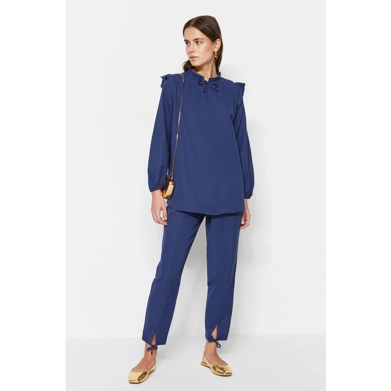 Trendyol Navy Blue Denim Look Tunic-Pants Suit