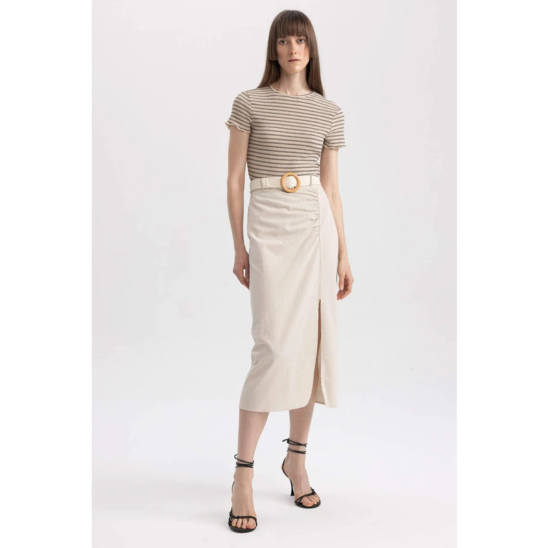 DEFACTO Straight Fit Normal Waist Linen Blend Midi Skirt