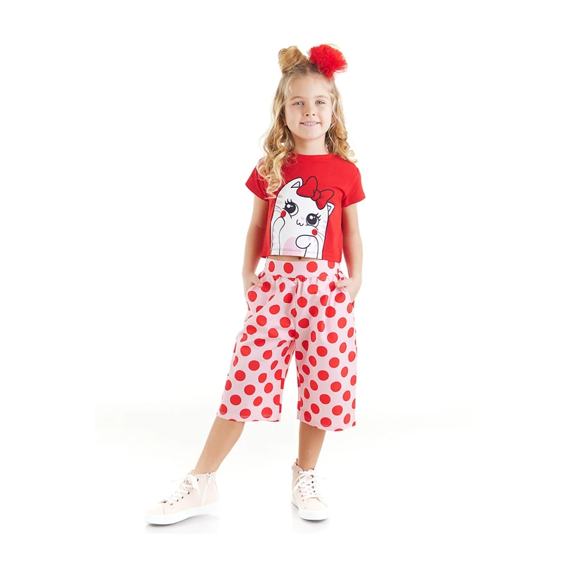 Denokids Ponchik Girls' Crop Top Red T-shirt, Woven Capri Summer Set.