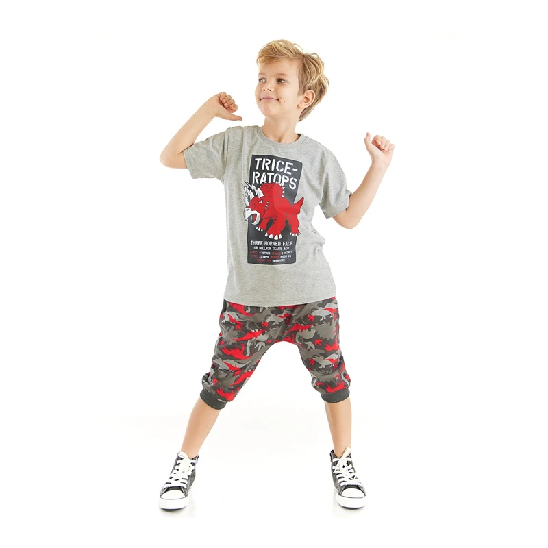 Mushi Triceratops Boys' Gray T-shirt Camouflage Shorts Capri Summer Suit.