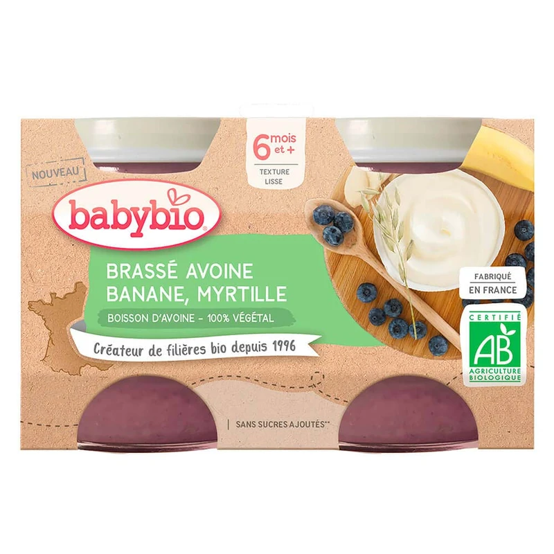 BABYBIO Brassé z ovesného mléka banán borůvka 2x130 g